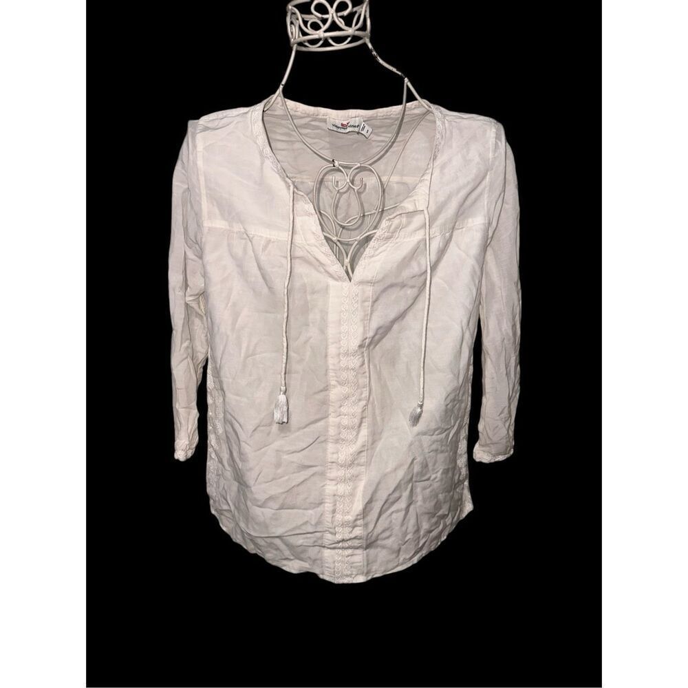 Vineyard Vines Embroidered Tunic Top Tassel Women's Size small off White Good CO